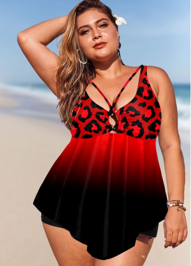 Rosewe Leopard Asymmetric Hem Red Plus Size Swimdress Top - 3X