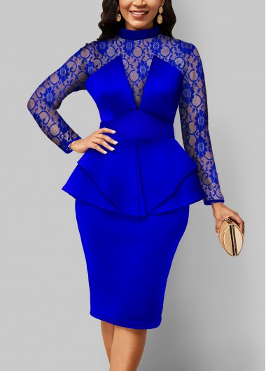 Rosewe Cocktail Party Dress Lace Stitching Peplum Waist Royal Blue Dress - S