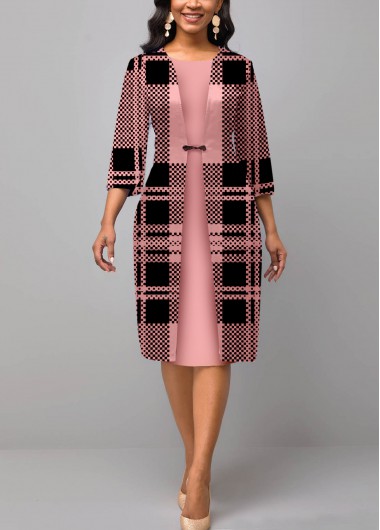 Rosewe Cocktail Party Dress Pink 3/4 Sleeve Plaid Faux Two Piece Dress - S