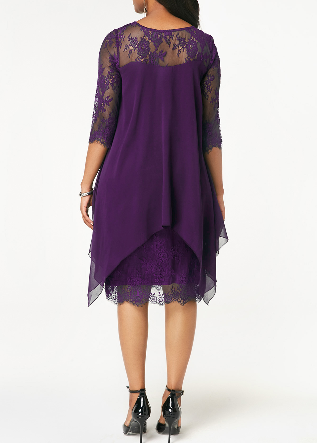 Chiffon Overlay Purple Three Quarter Sleeve Lace Dress