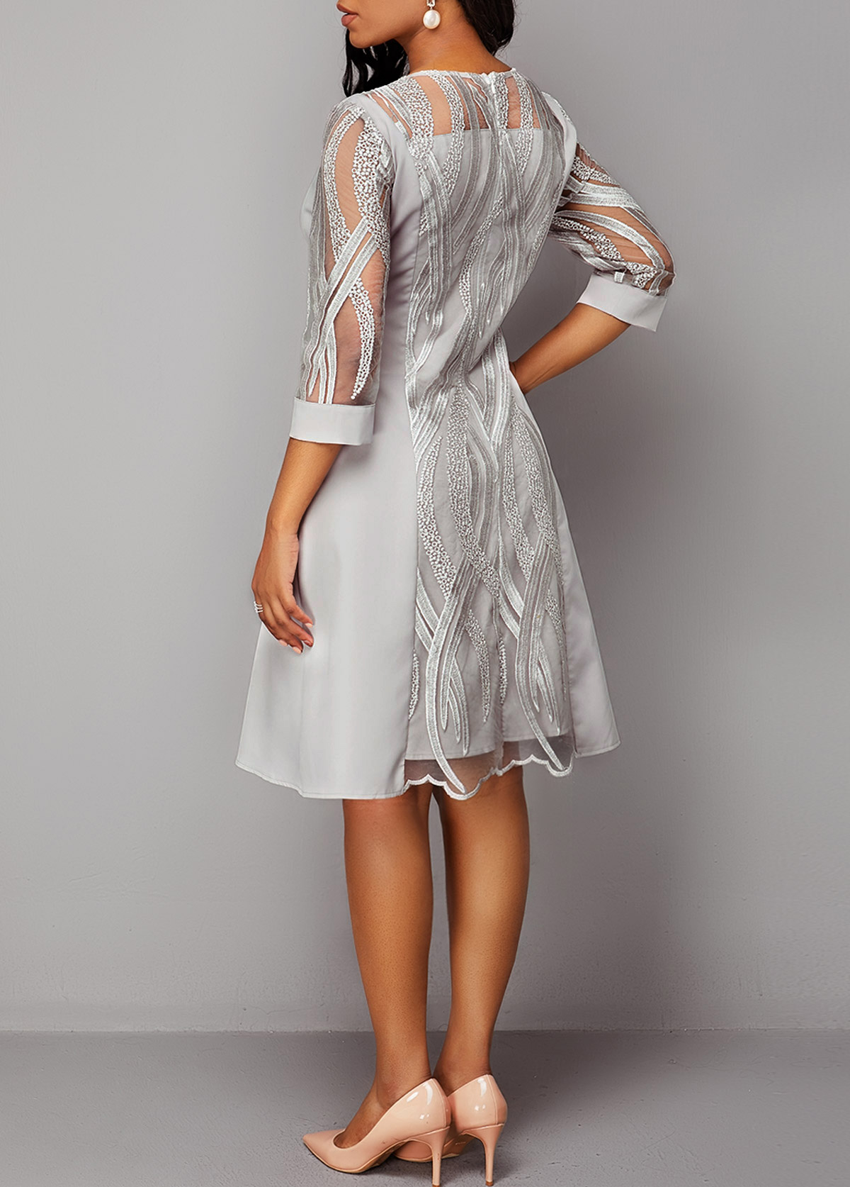 Lace Panel 3/4 Sleeve Light Grey Dress