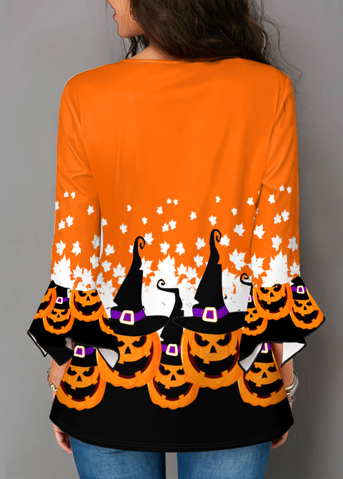 Halloween Pumpkin Print Hanky Cuff Blouse