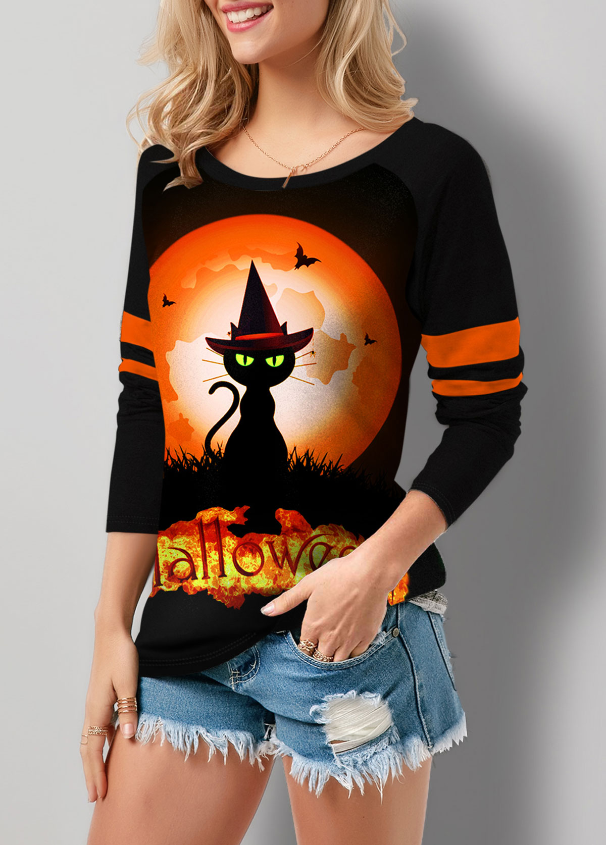 Halloween Cat Print Long Sleeve T Shirt