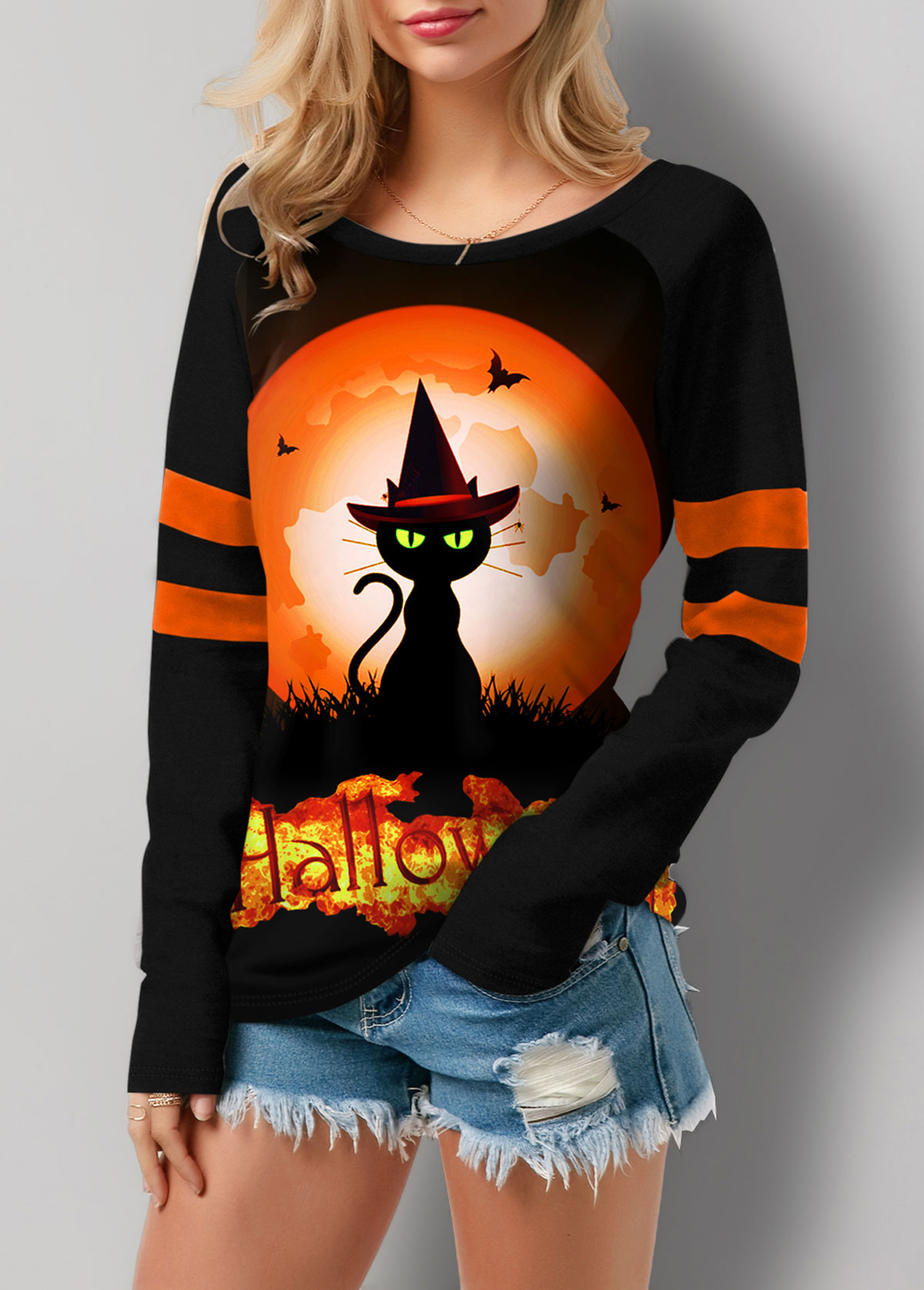 Halloween Cat Print Long Sleeve T Shirt