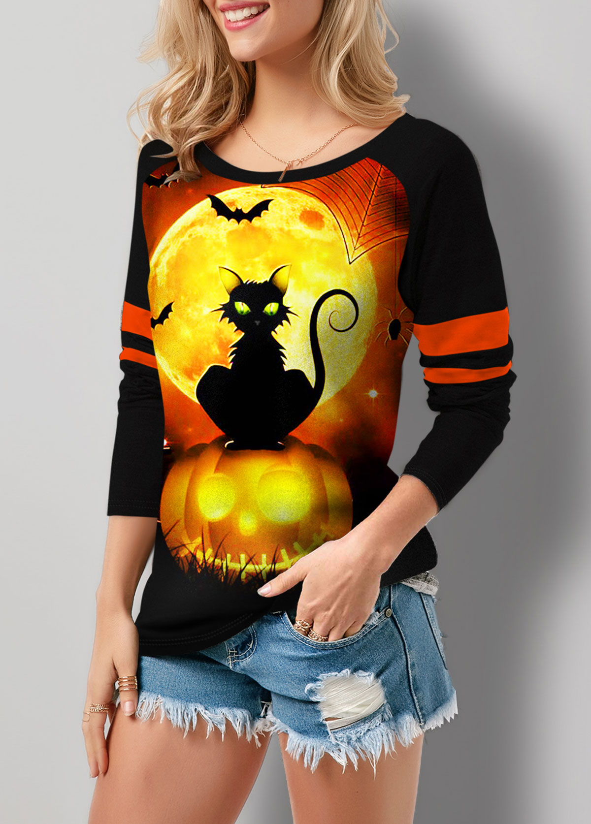 Round Neck Long Sleeve Halloween Print T Shirt