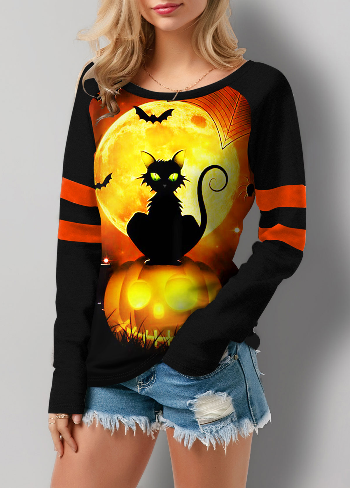 Round Neck Long Sleeve Halloween Print T Shirt