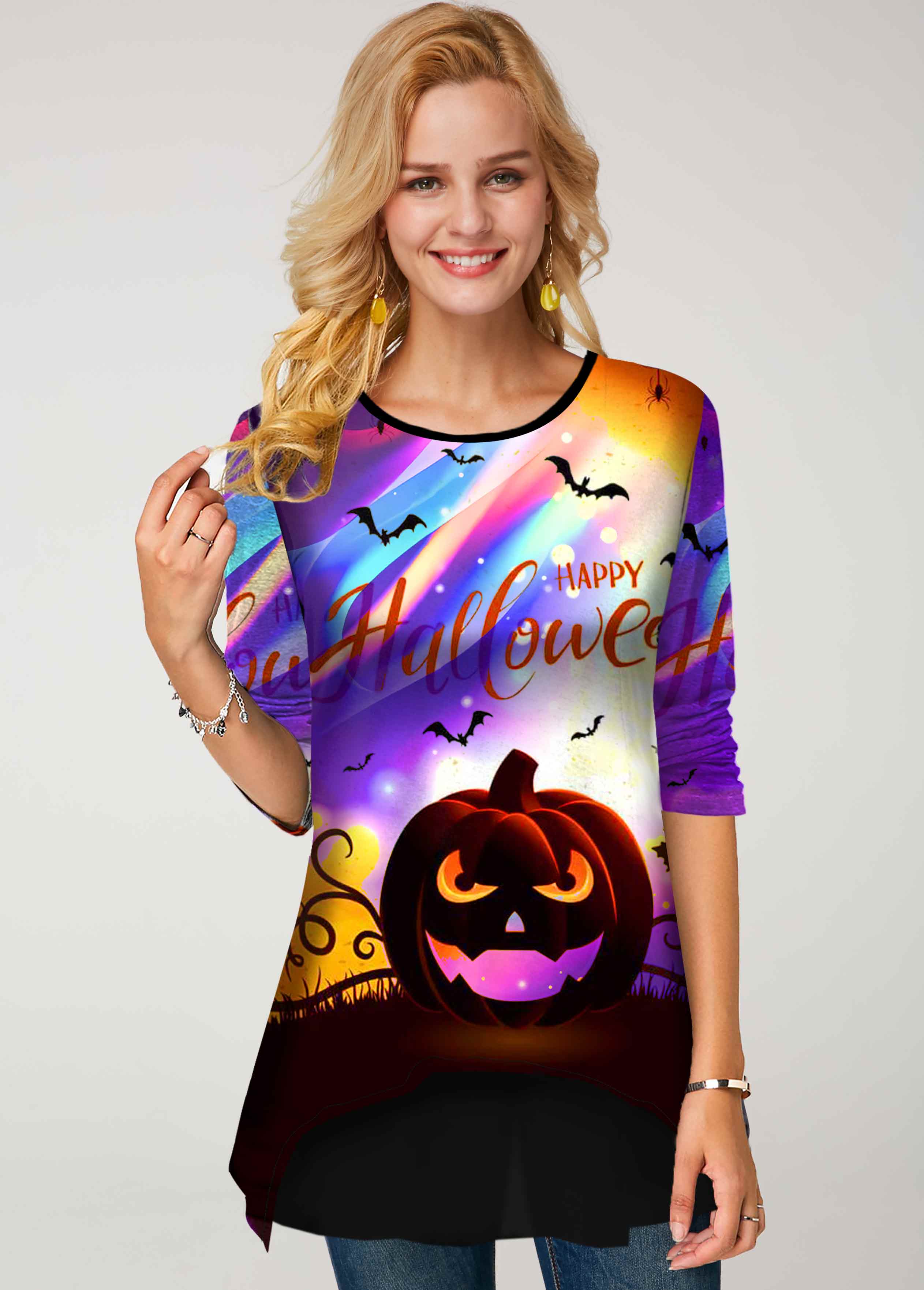 Long Sleeve Halloween Print Rainbow Color T Shirt