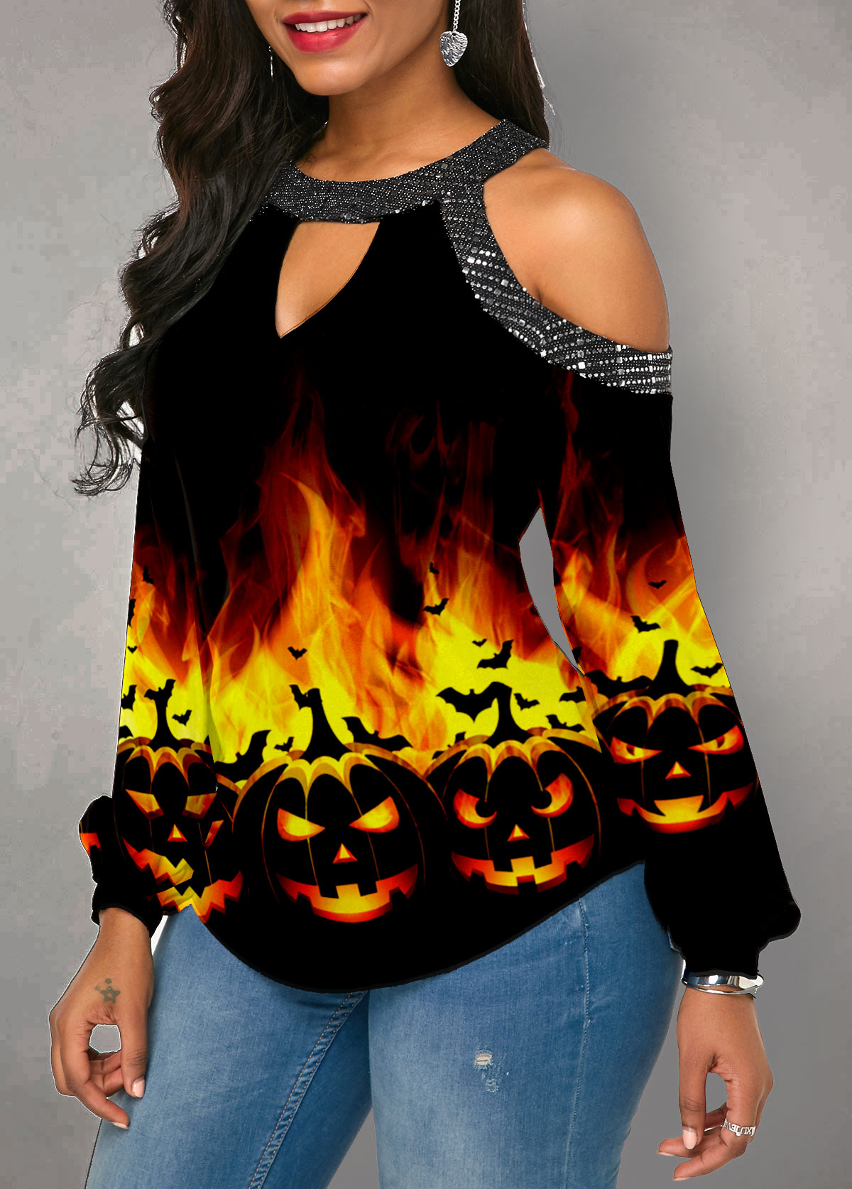 Keyhole Neckline Cold Shoulder Halloween Print T Shirt