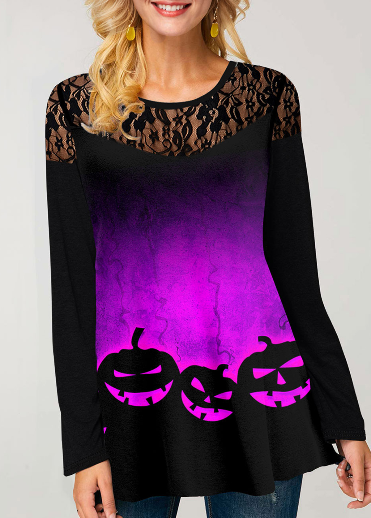 Long Sleeve Halloween Print Lace Panel T Shirt