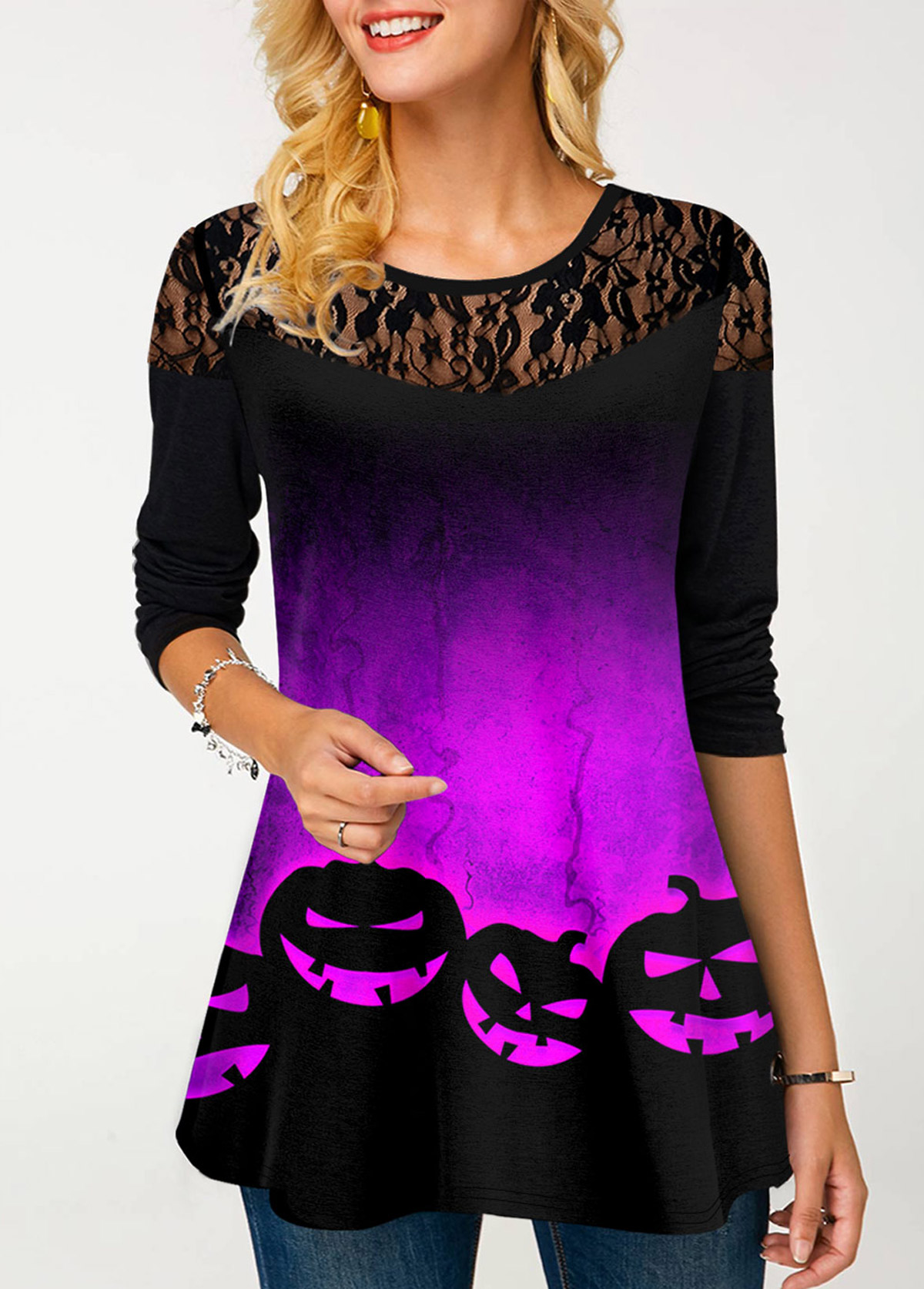 Long Sleeve Halloween Print Lace Panel T Shirt