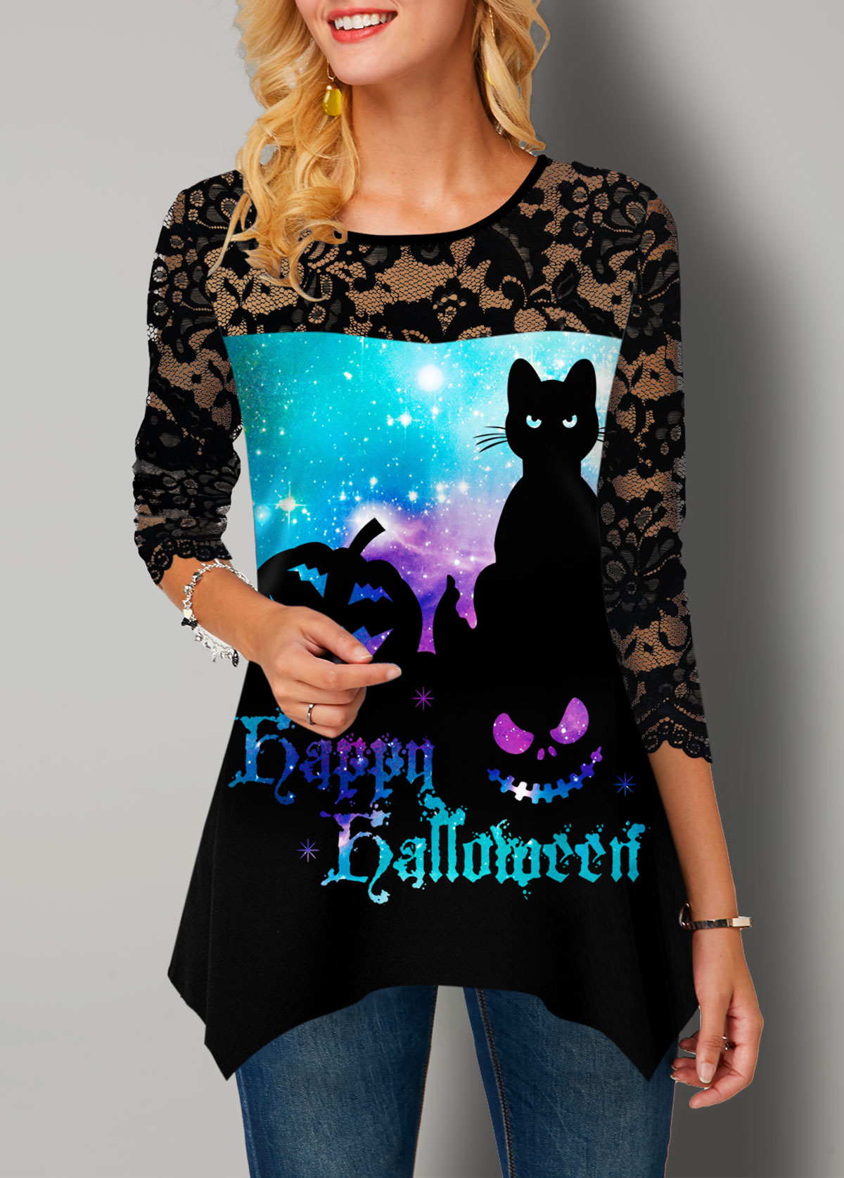 Halloween Starry Night Print Lace Panel T Shirt