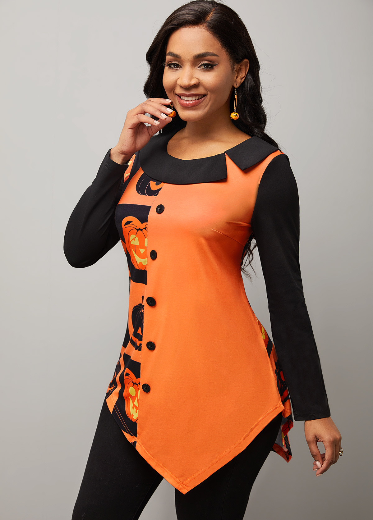 Pumpkin Print Asymmetric Hem Orange Scoop Neck Sweatshirt