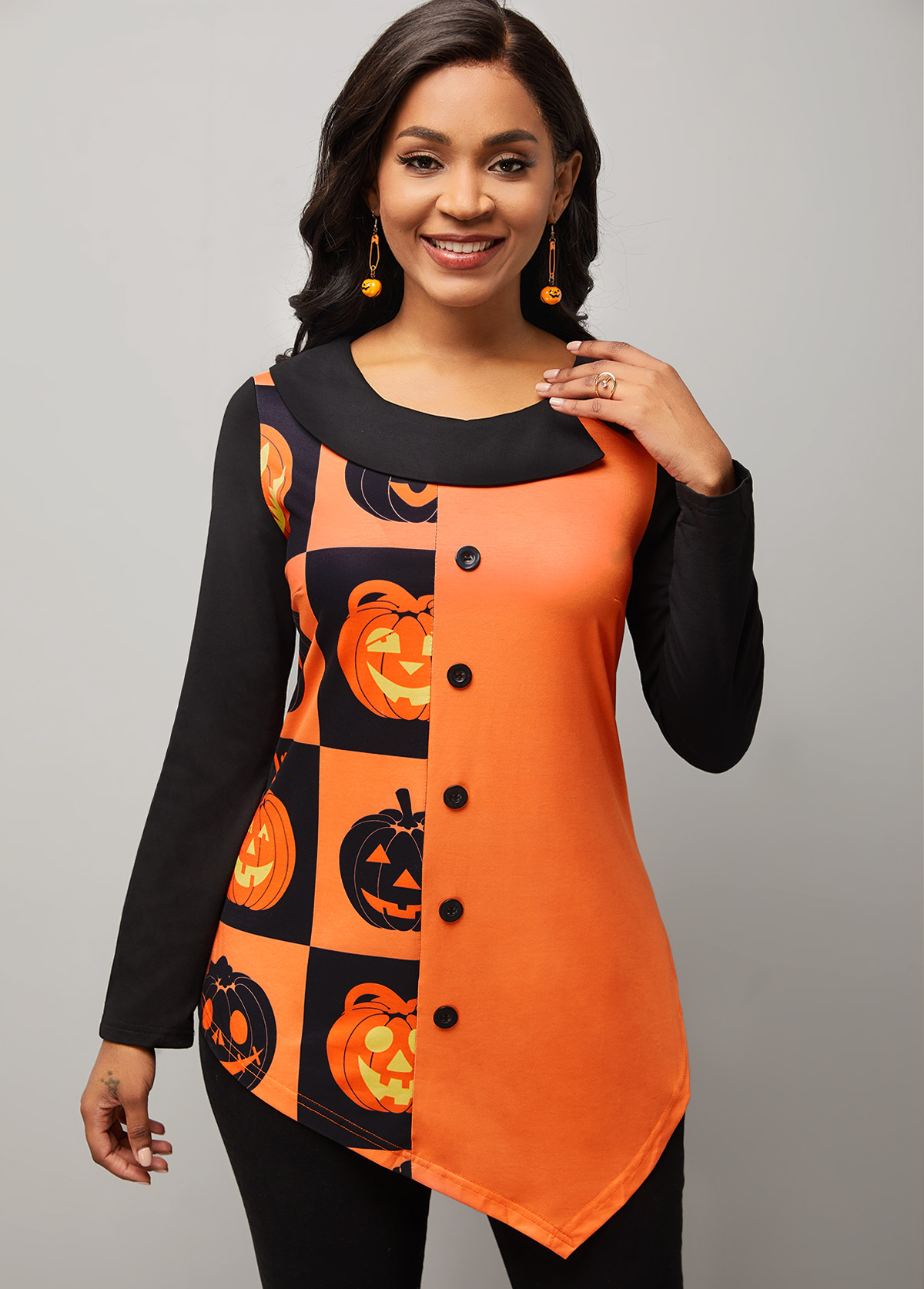 Pumpkin Print Asymmetric Hem Orange Scoop Neck Sweatshirt