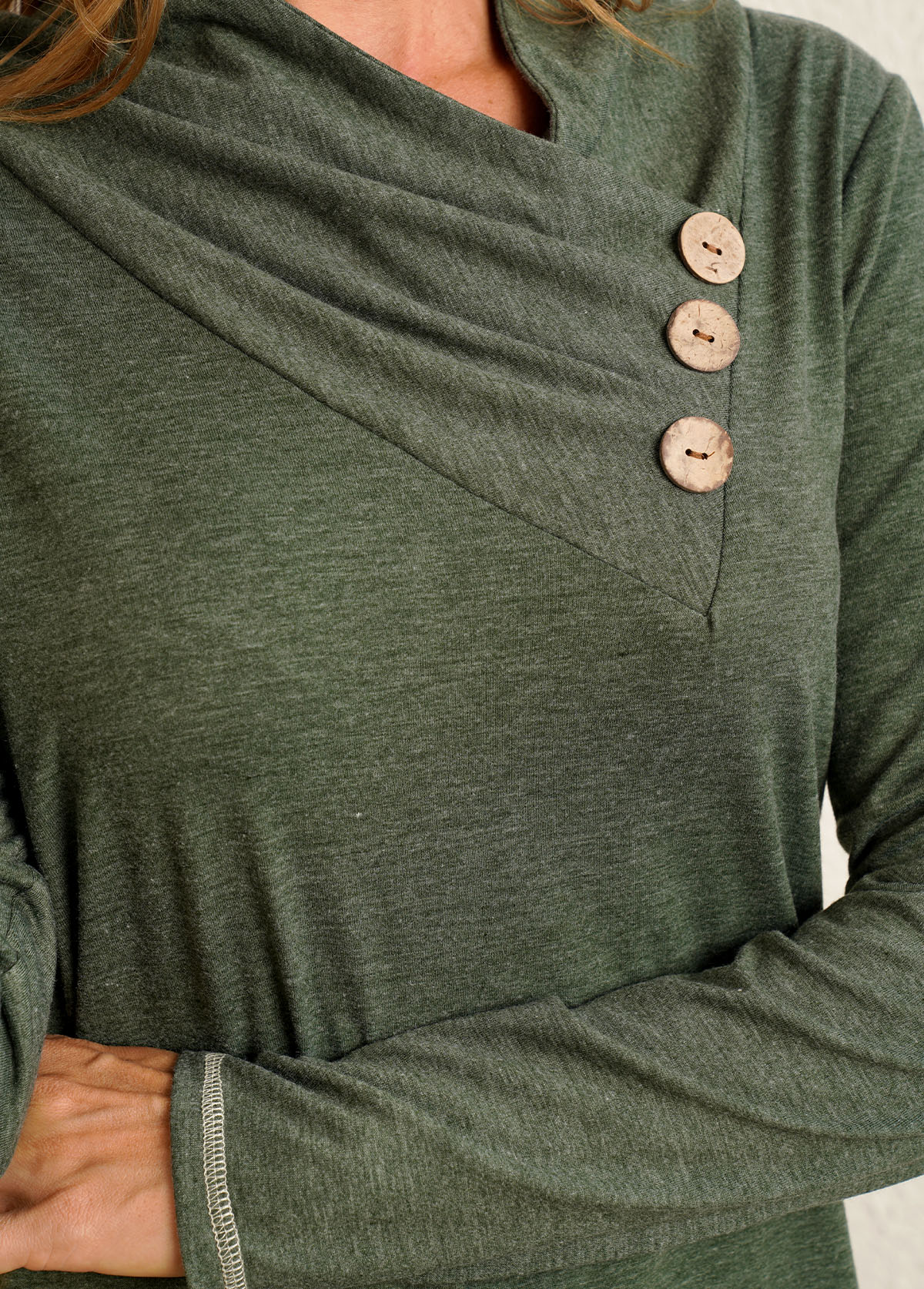 Asymmetrical Neck Decorative Button Long Sleeve T Shirt