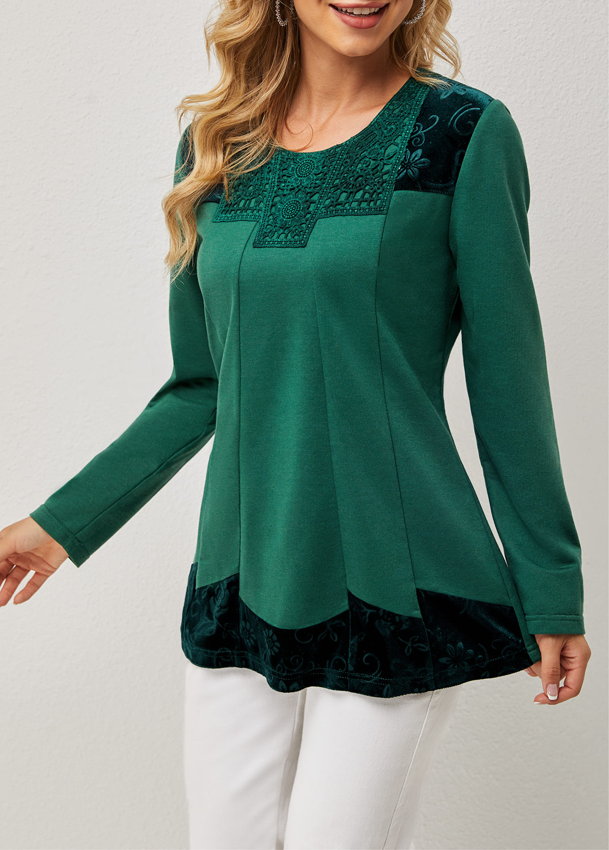 Lace Patchwork Round Neck Regular Sleeve T Shirt
