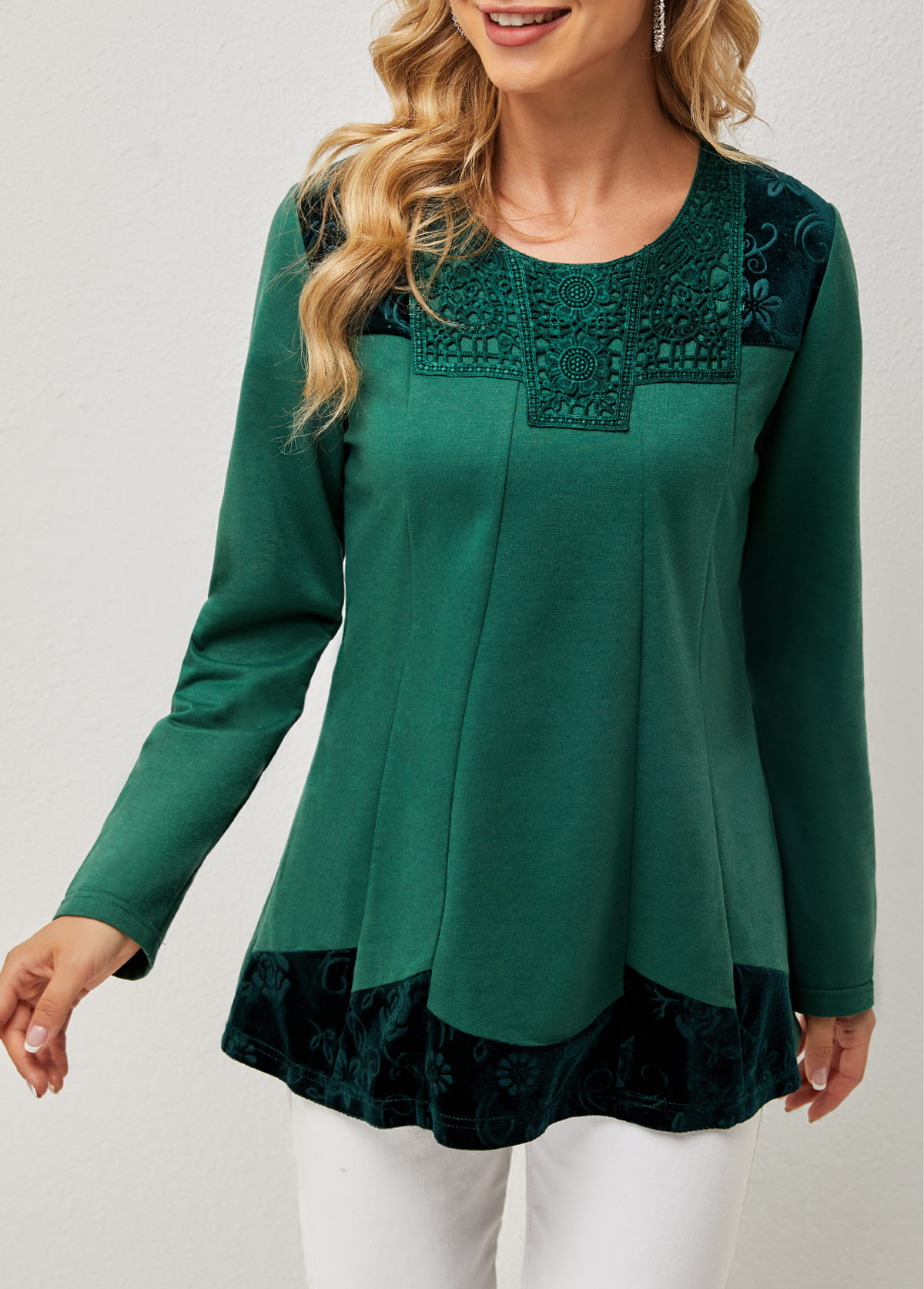 Lace Patchwork Round Neck Regular Sleeve T Shirt