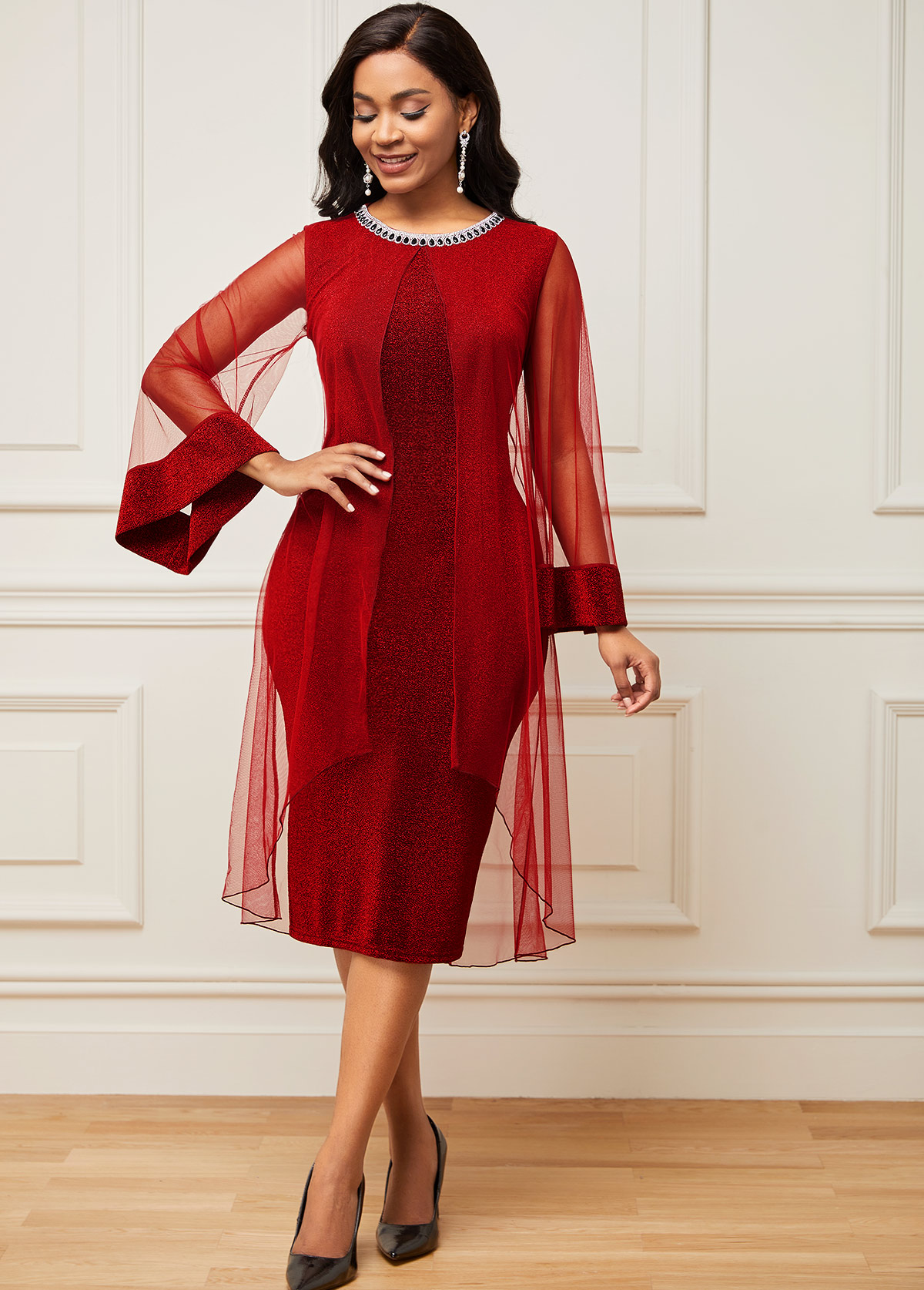 Chiffon Mesh Stitching Wine Red Embellished Neck Dress