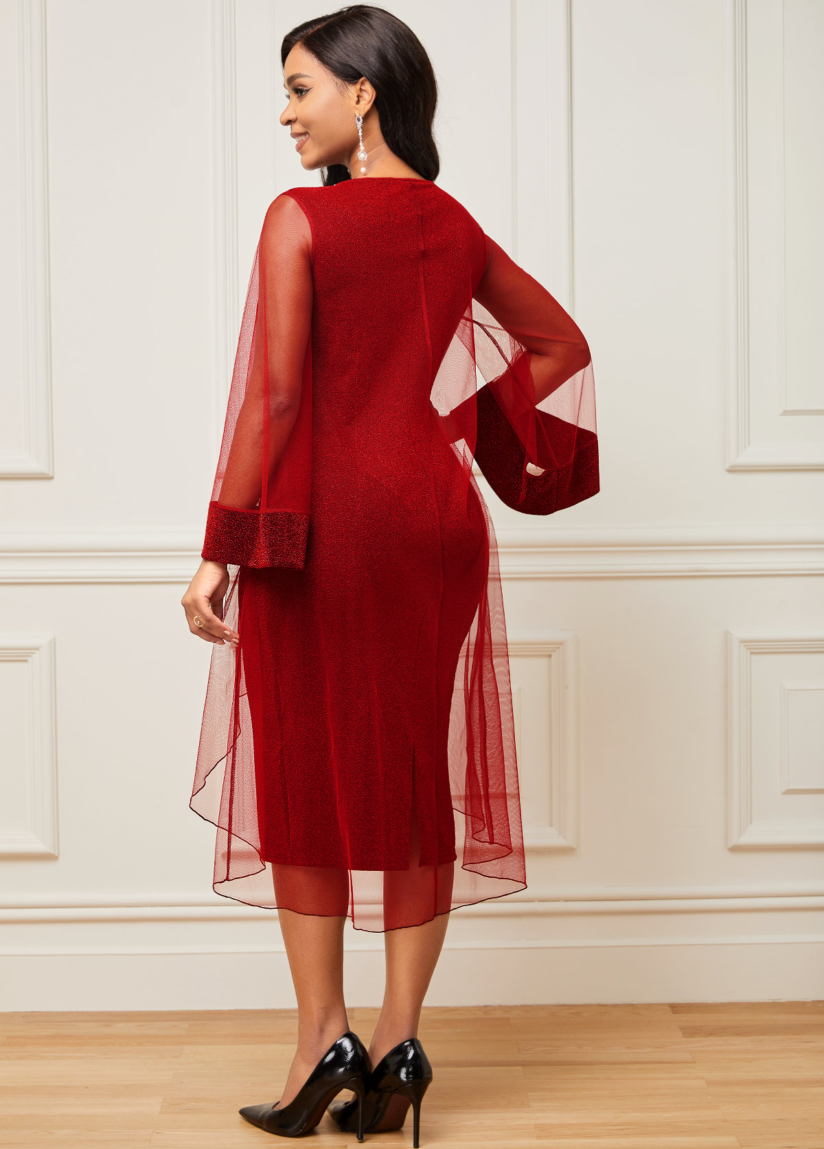 Chiffon Mesh Stitching Wine Red Embellished Neck Dress