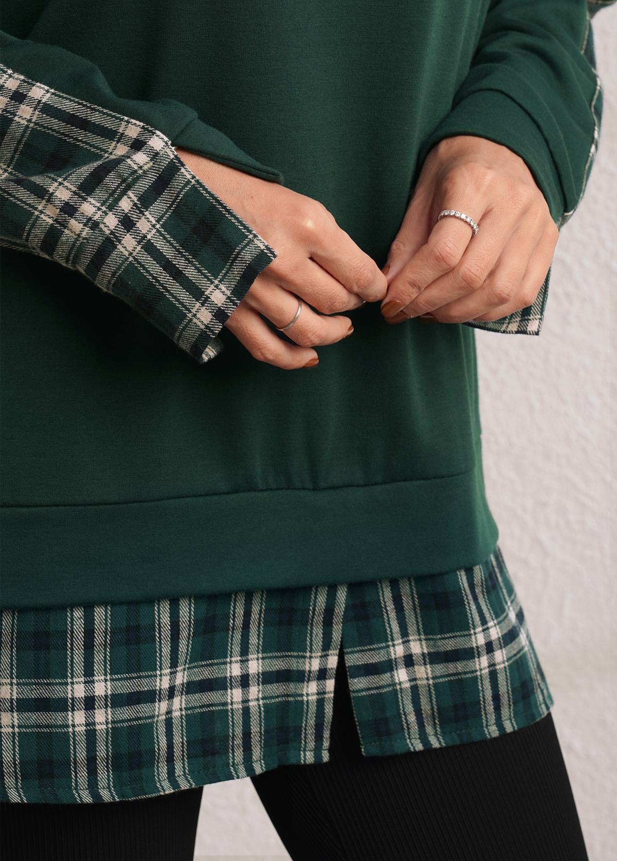 Green Plaid Long Sleeve Faux Two Piece Hoodie