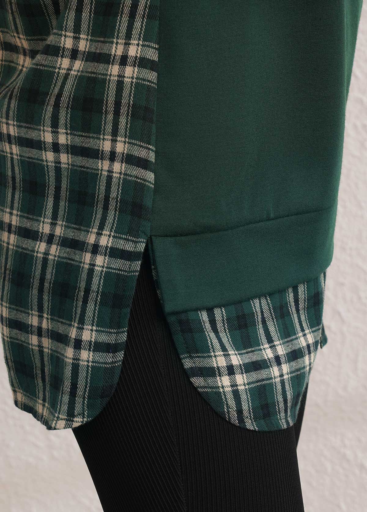 Green Plaid Long Sleeve Faux Two Piece Hoodie