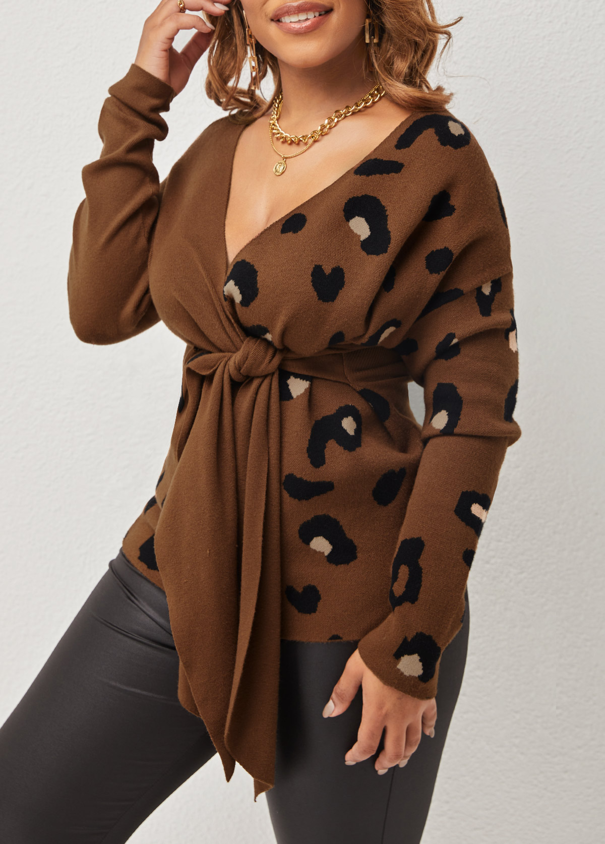Brown Tie Front V Neck Leopard Sweater