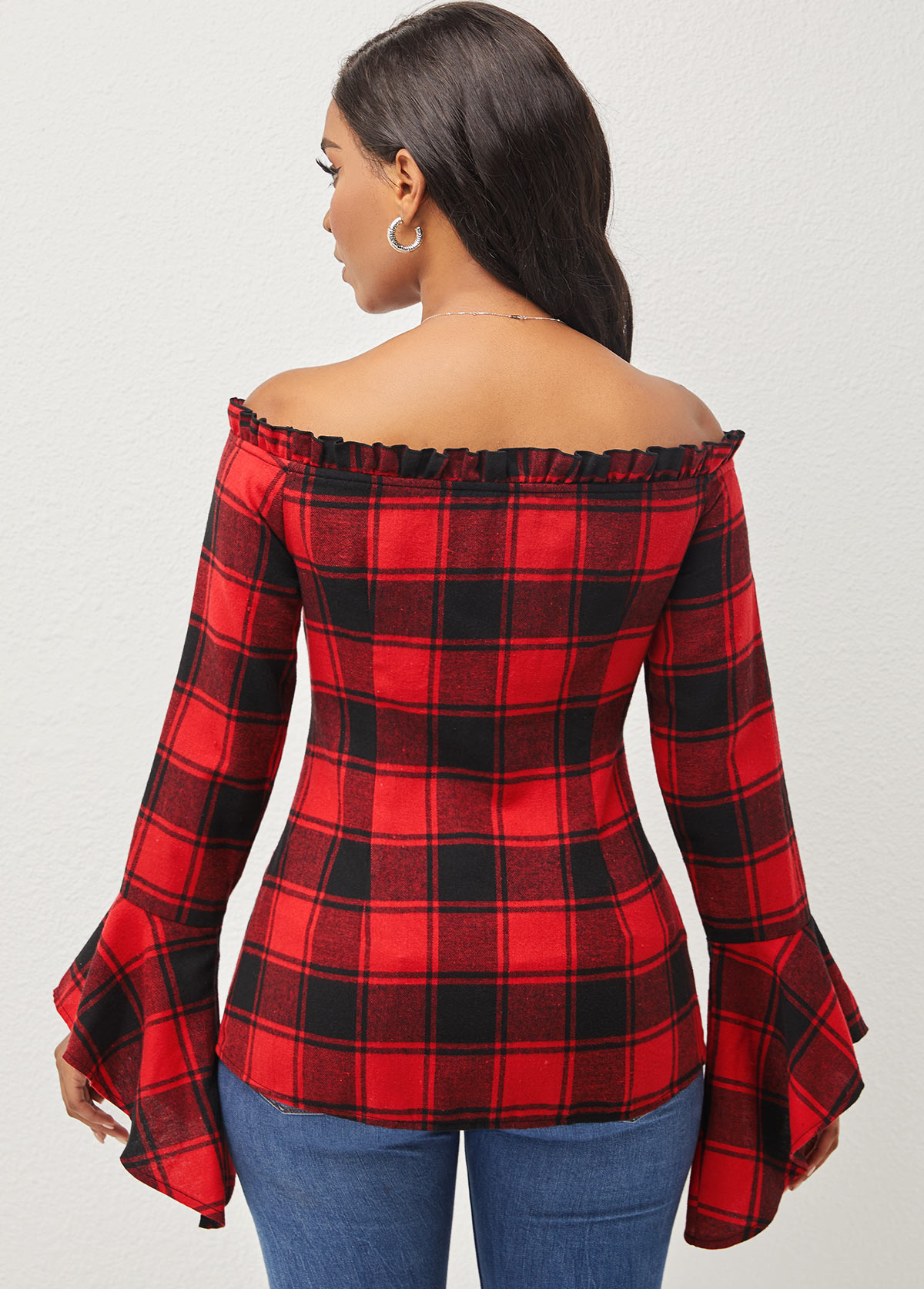 Off Shoulder Trumpet Cuff Plaid Red Blouse