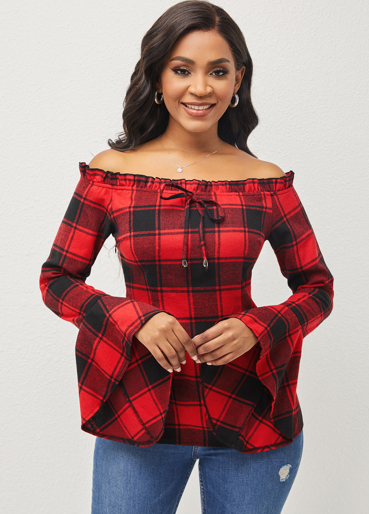 Off Shoulder Trumpet Cuff Plaid Red Blouse