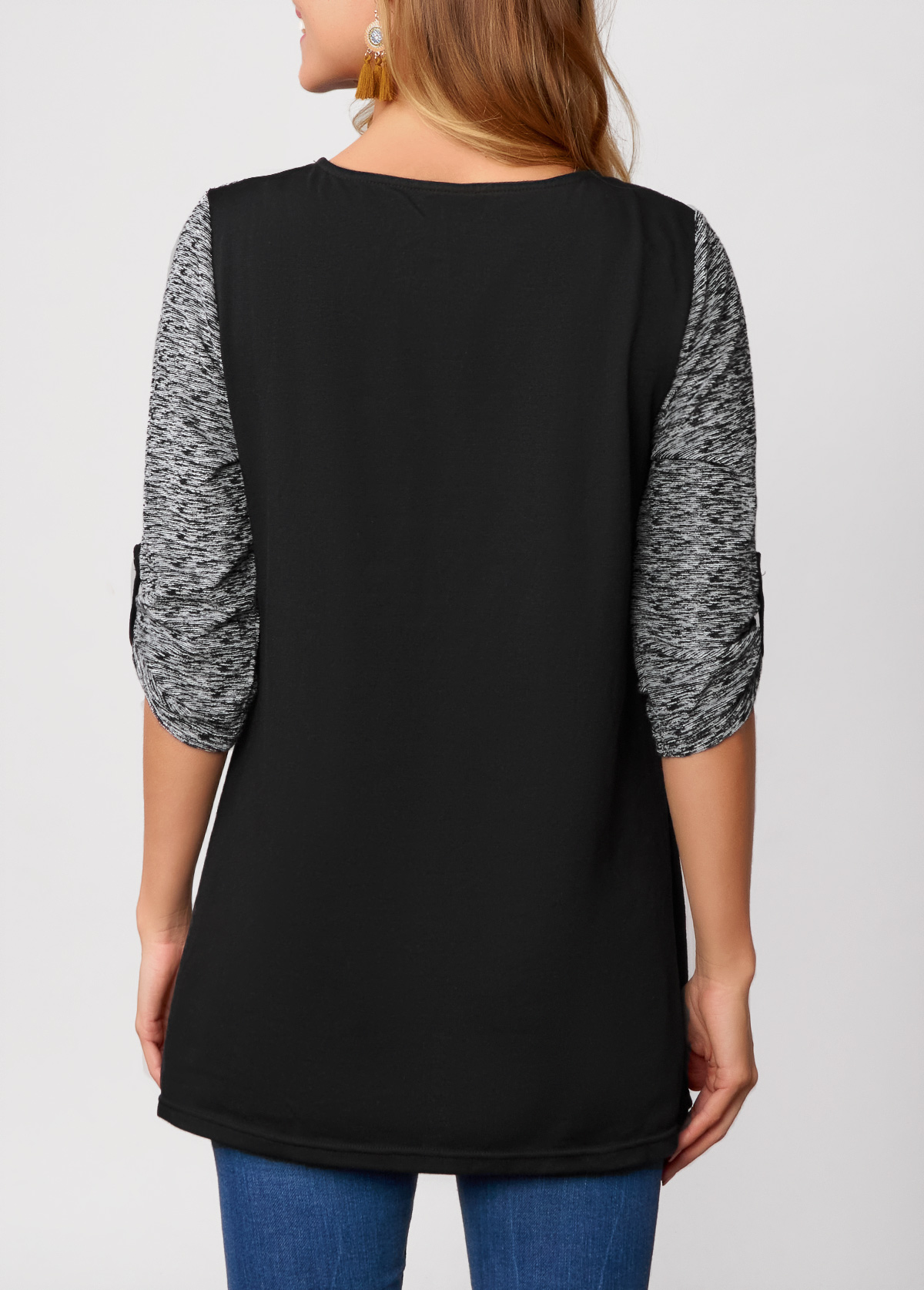 Pocket Asymmetric Hem Black Round Neck T Shirt