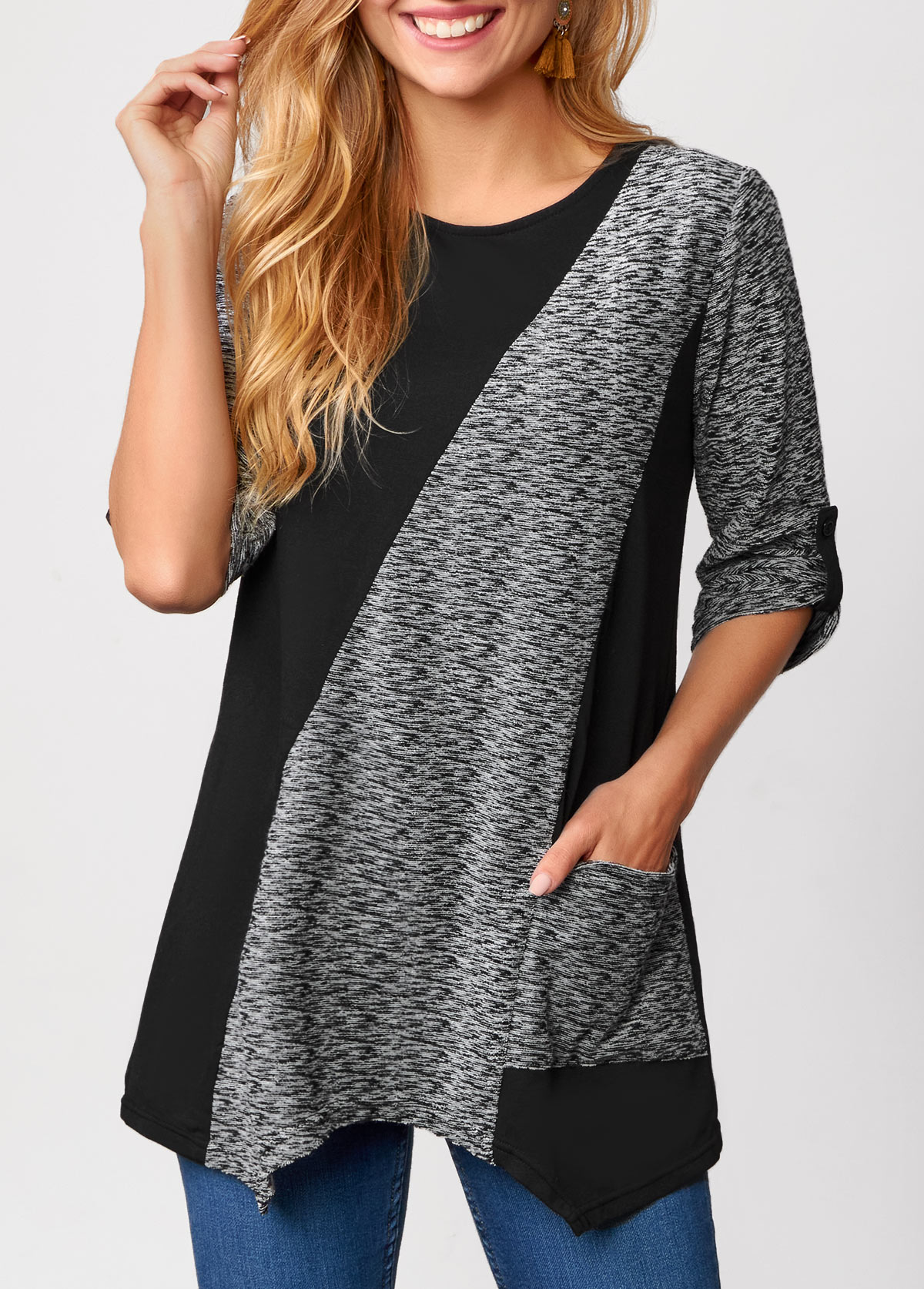 Pocket Asymmetric Hem Black Round Neck T Shirt