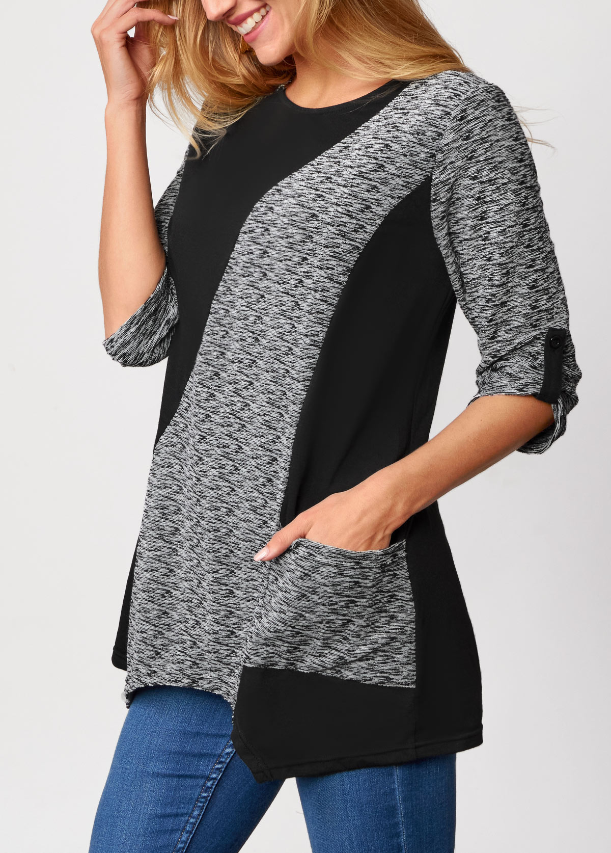 Pocket Asymmetric Hem Black Round Neck T Shirt