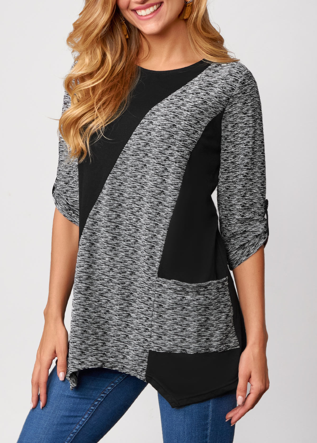 Pocket Asymmetric Hem Black Round Neck T Shirt