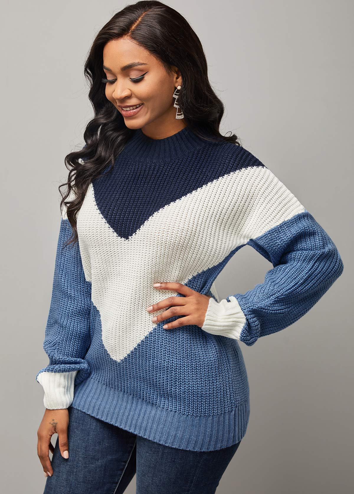 Color Block Long Sleeve Round Neck Sweater