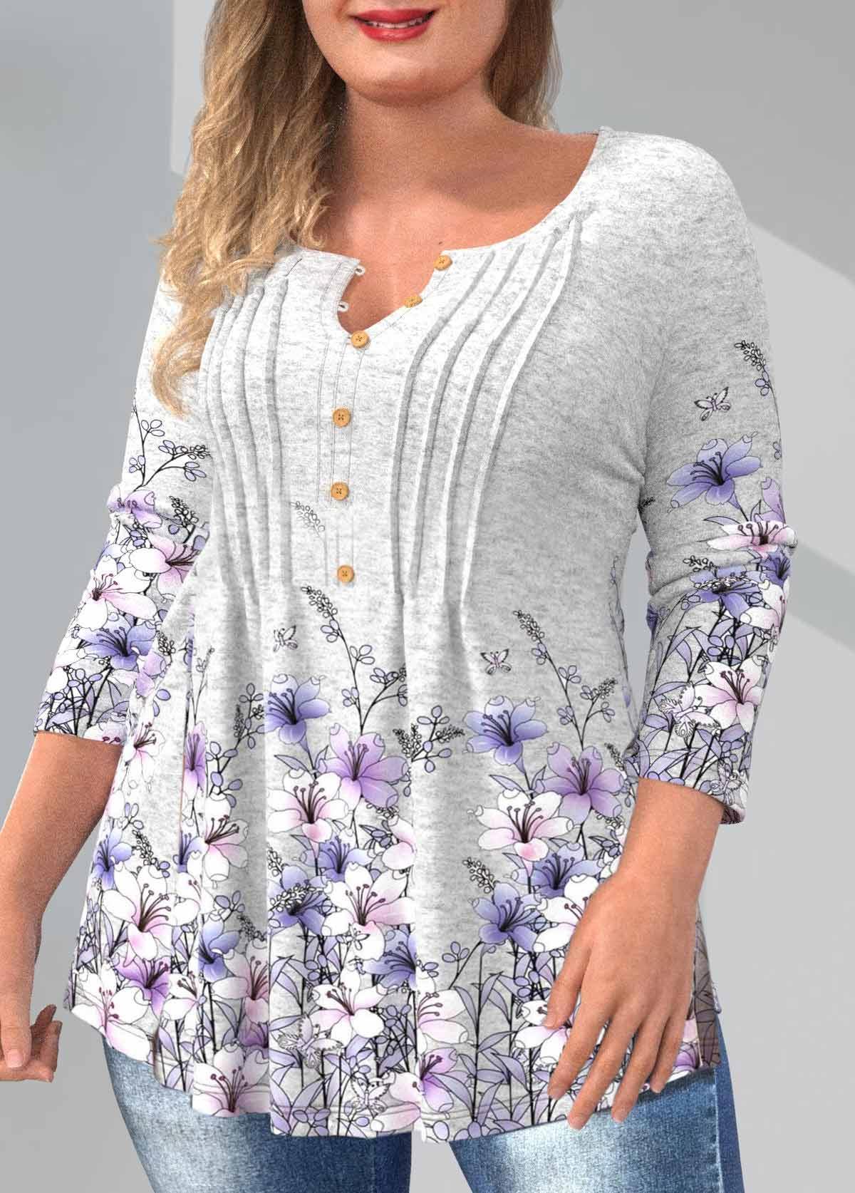 Grey Plus Size Floral Print T Shirt