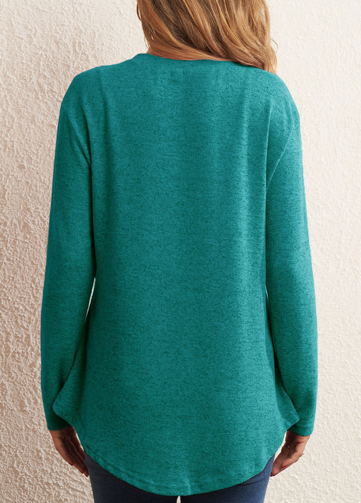 Green Decorative Button Long Sleeve Round Neck T Shirt