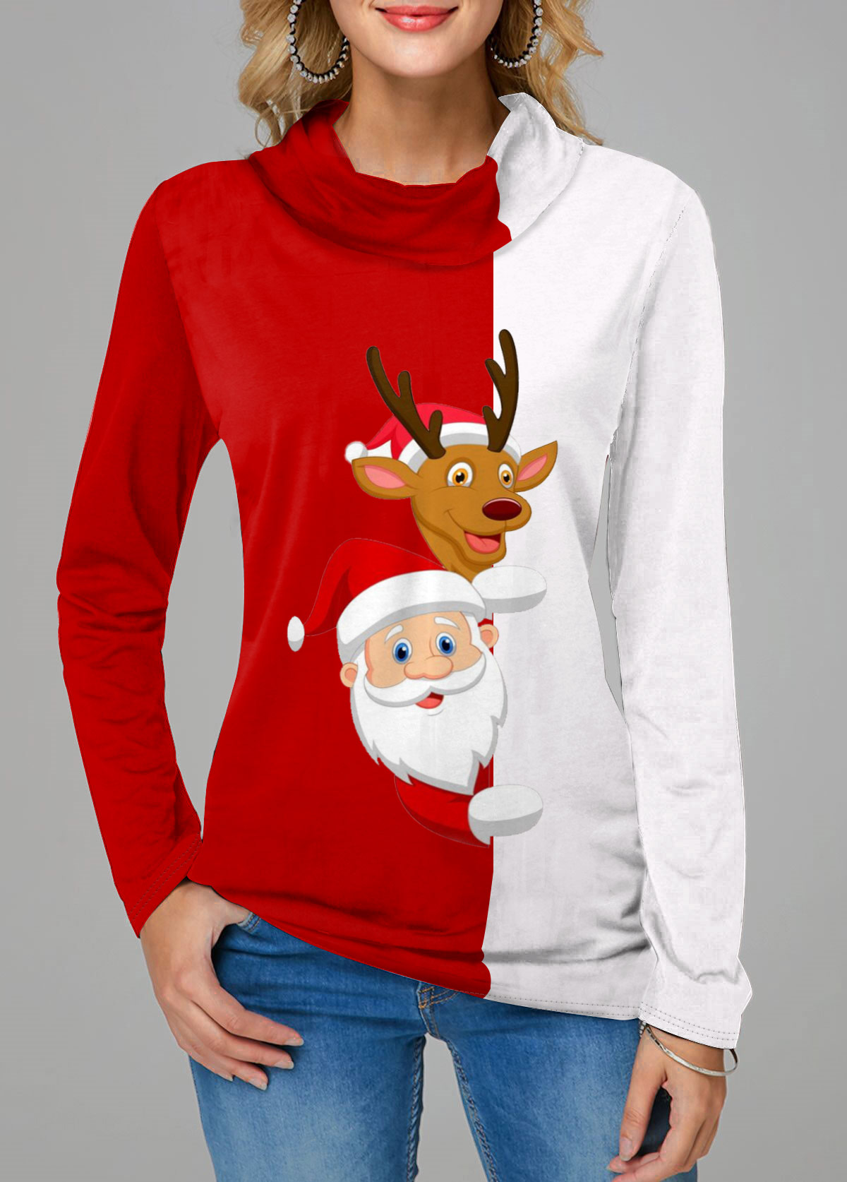 Christmas Santa Claus Print Cowl Neck Color Block Sweatshirt