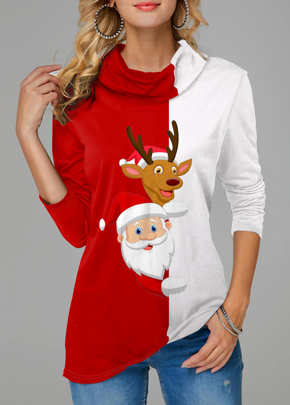 Christmas Santa Claus Print Cowl Neck Color Block Sweatshirt