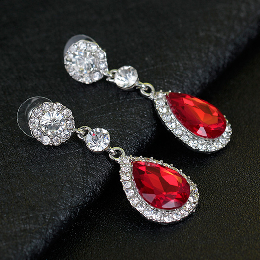 Rhinestone Detail Red Waterdrop Design Earrings