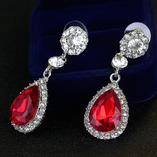 Rhinestone Detail Red Waterdrop Design Earrings