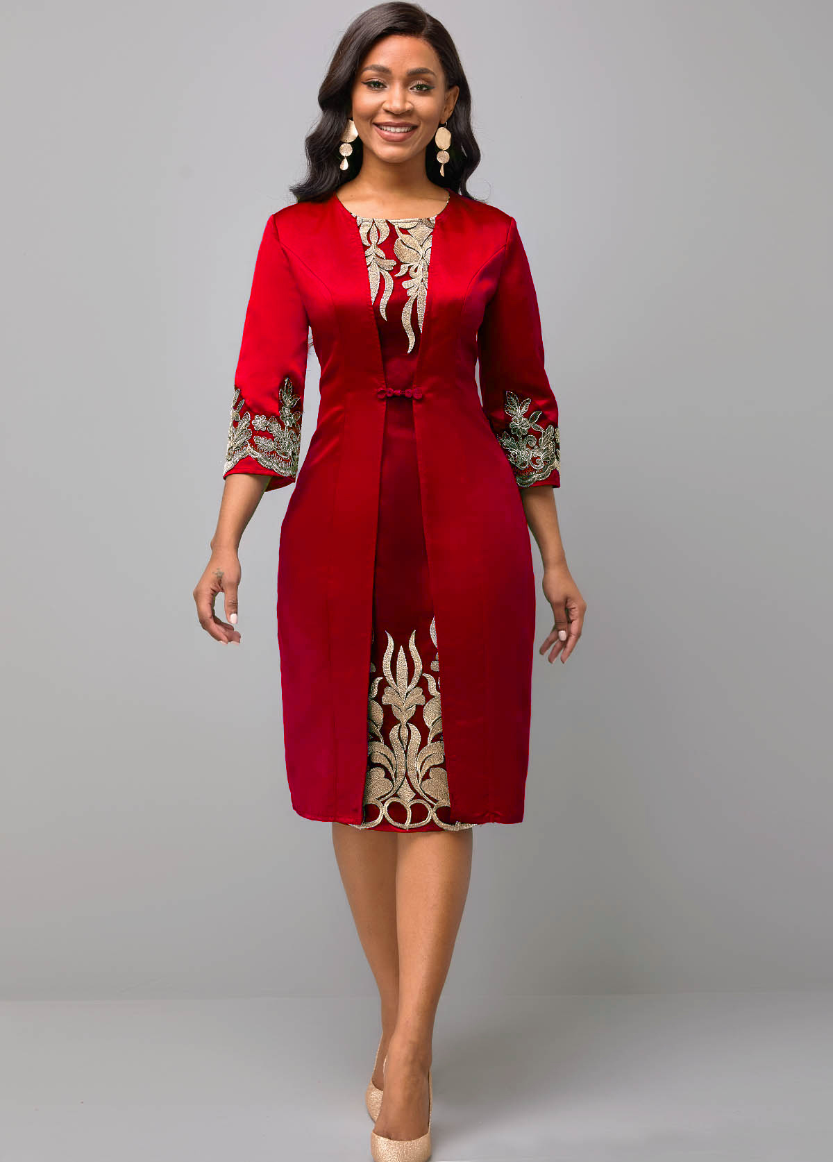 Round Neck 3/4 Sleeve Embroidered Red Dress