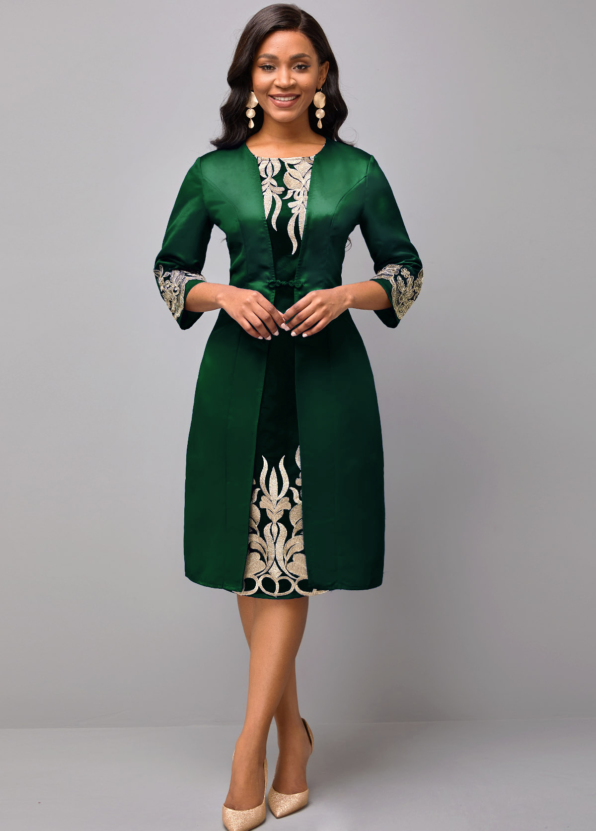 Round Neck 3/4 Sleeve Green Embroidered Dress