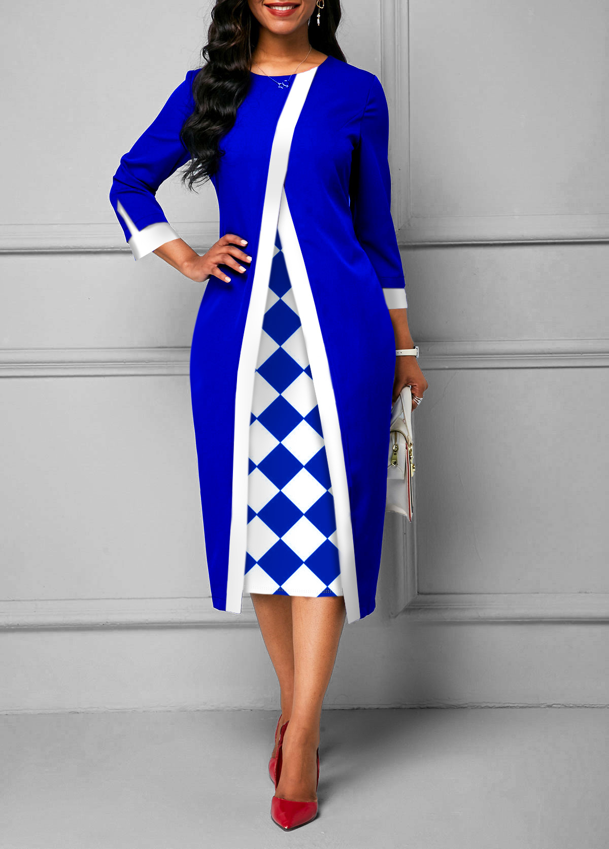 Checkered Print 3/4 Sleeve Royal Blue Dress