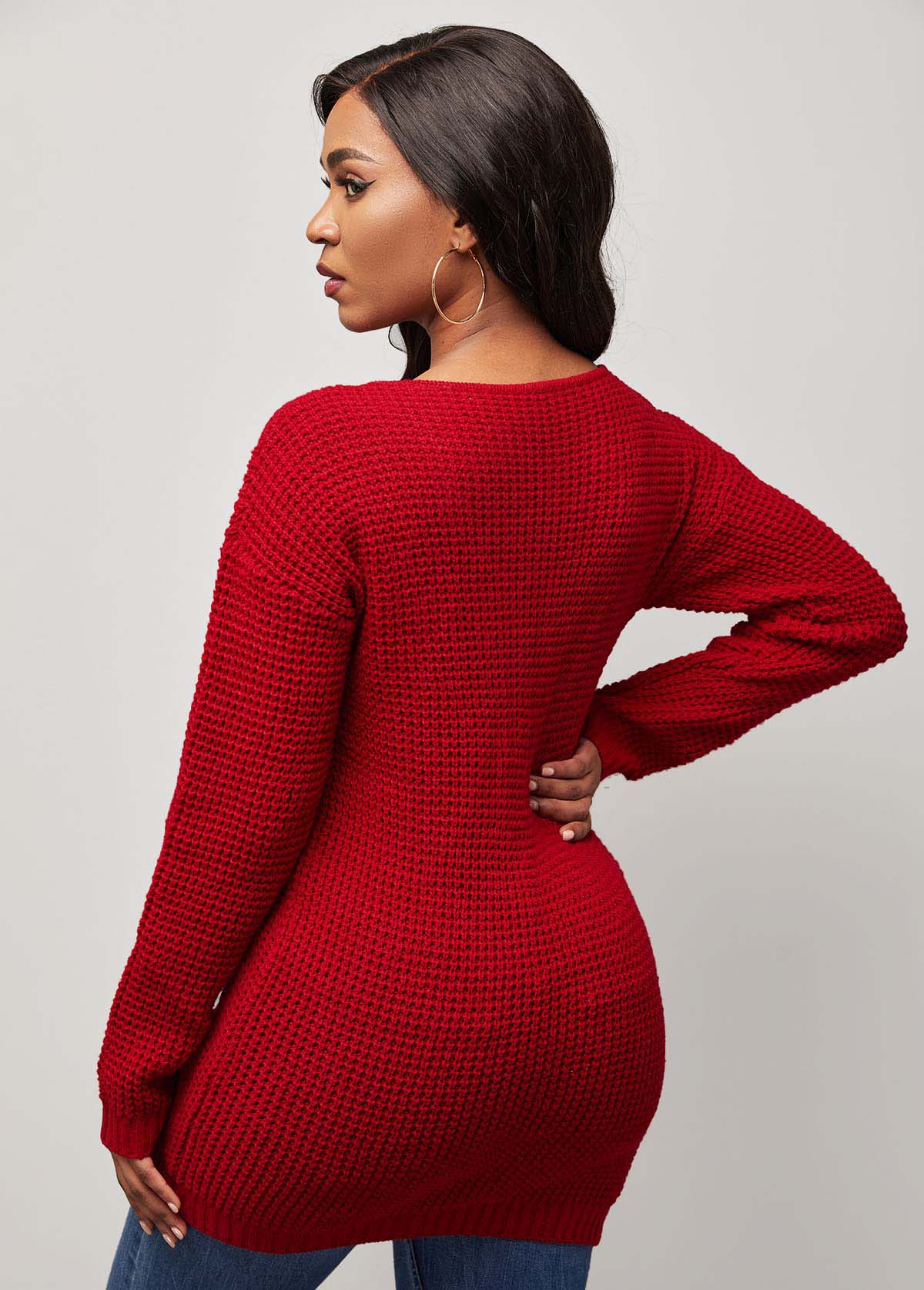 Zipper Detail V Neck Red Long Sleeve Sweater