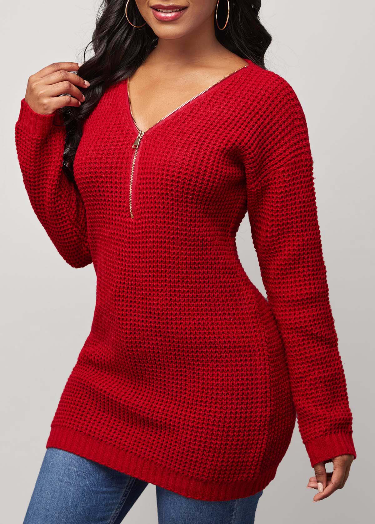 Zipper Detail V Neck Red Long Sleeve Sweater