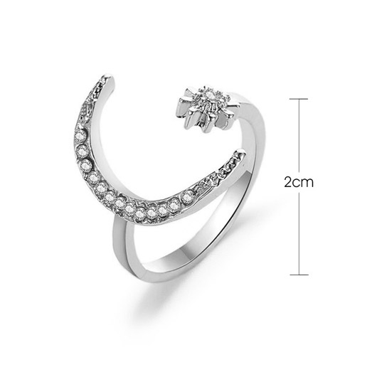 Rhinestone Moon and Star Design Silver Ring