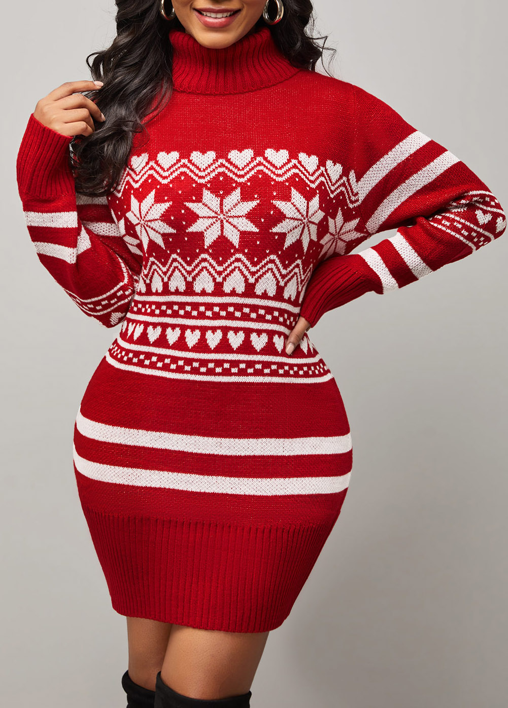 Red Christmas Print Turtleneck Sweater Dress