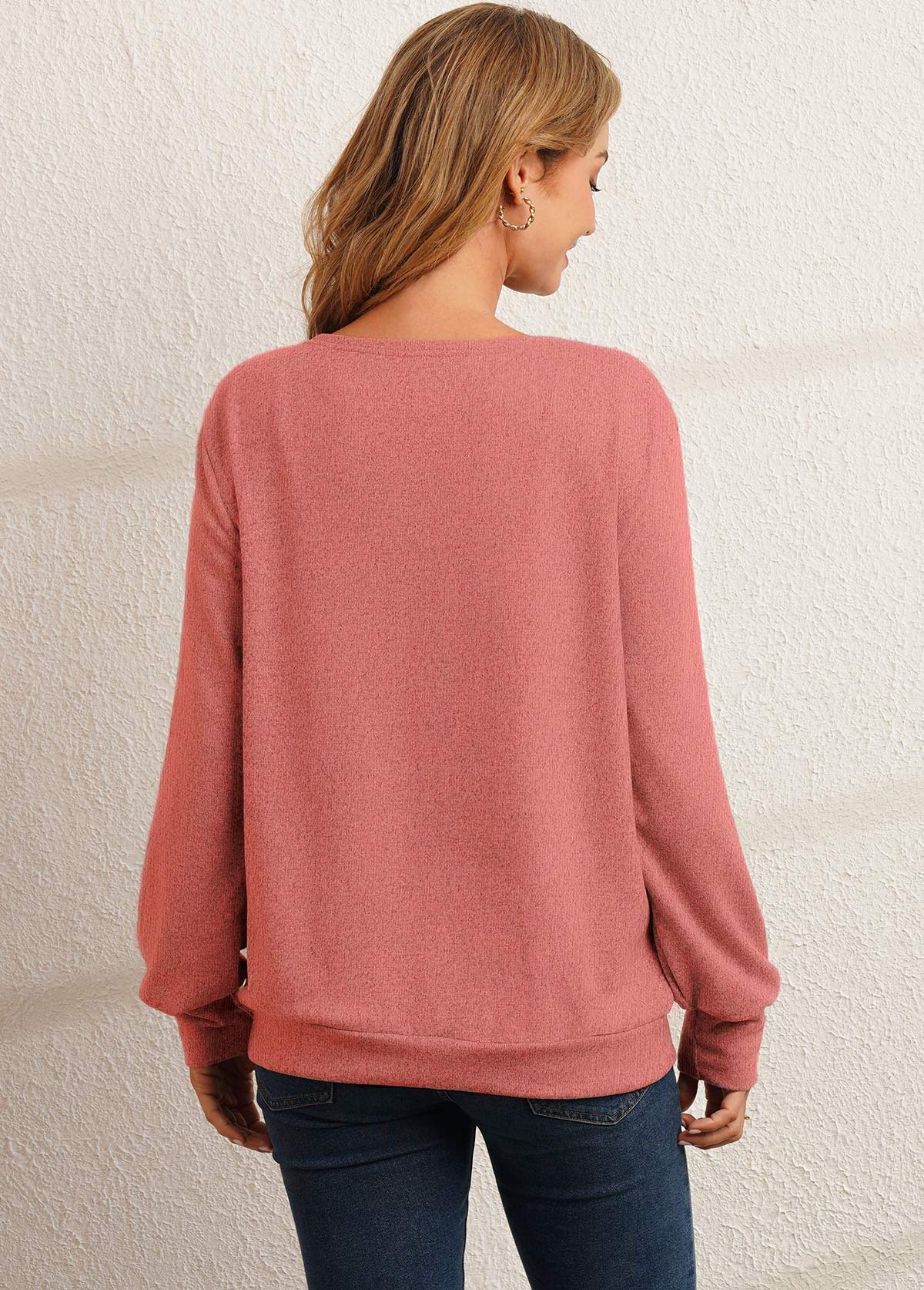 Decorative Button Long Sleeve Pink Sweatshirt