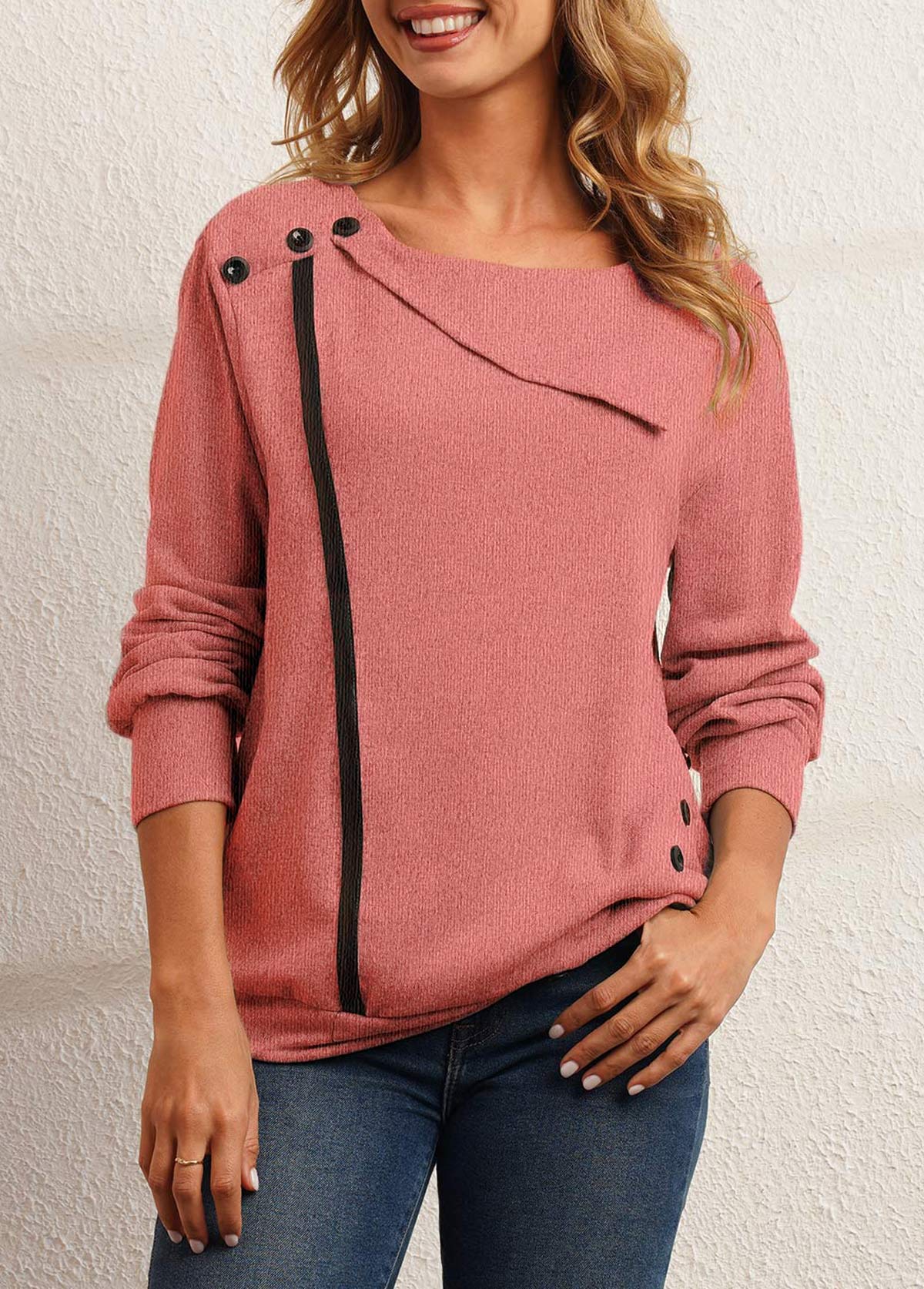 Decorative Button Long Sleeve Pink Sweatshirt