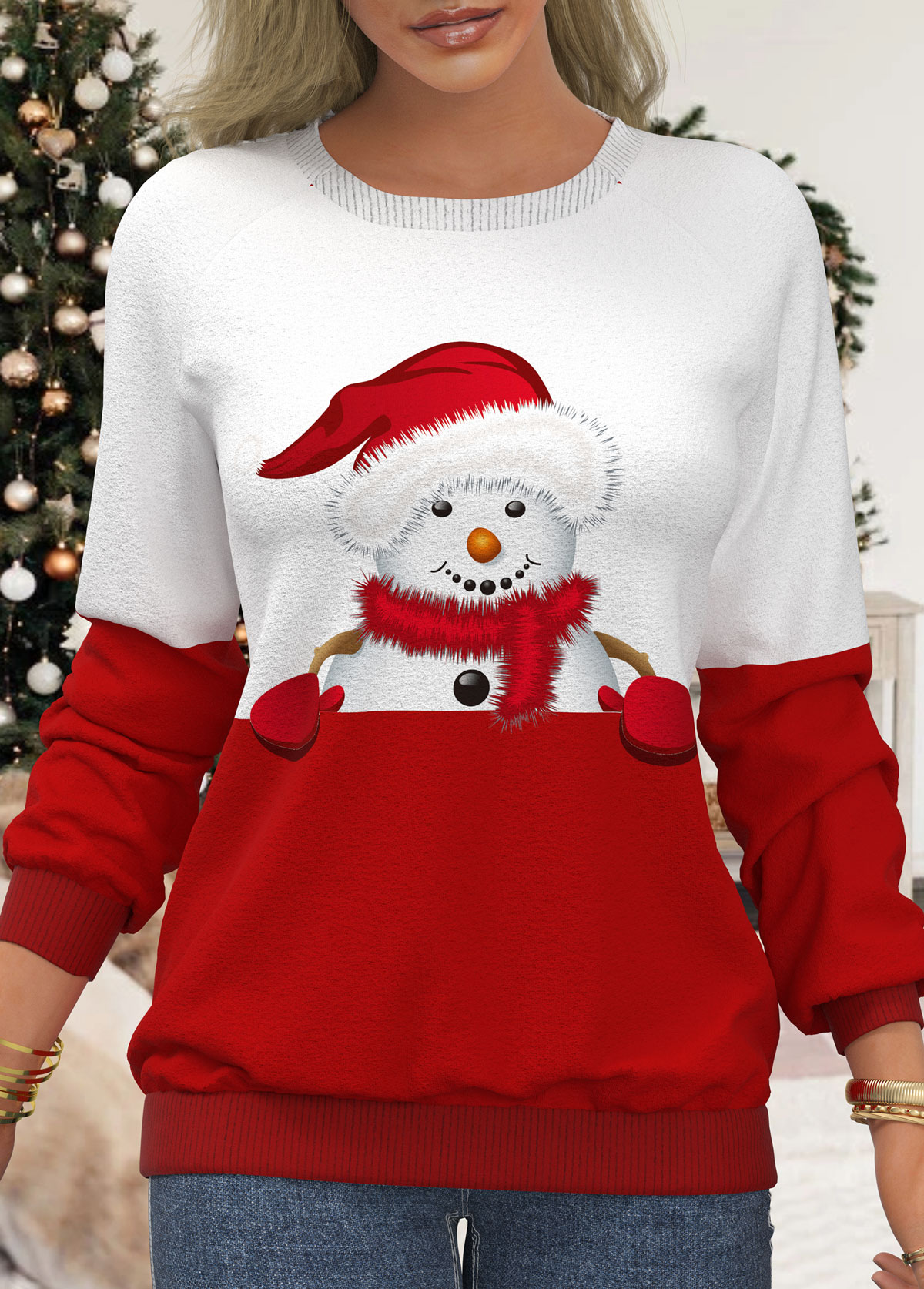 Christmas Snowman Print Red Long Sleeve Sweatshirt
