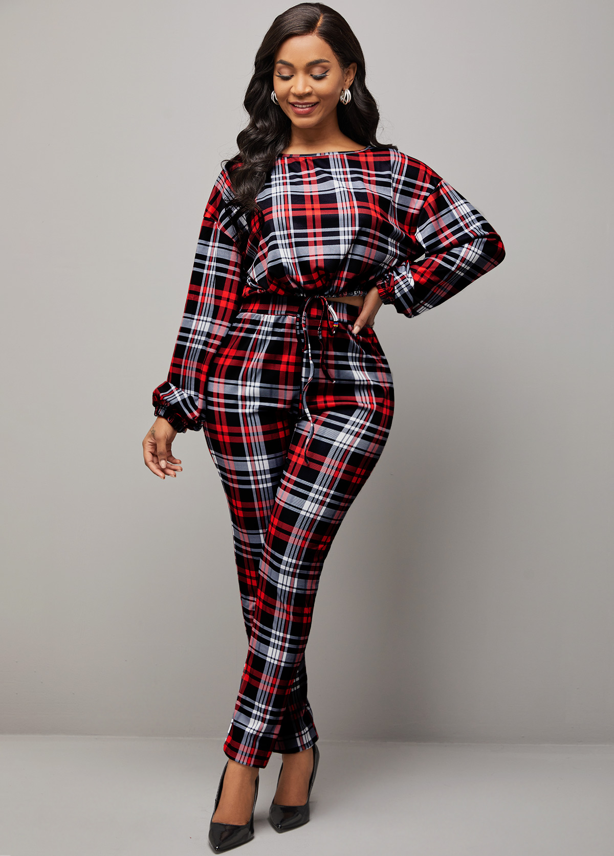 Drawstring Design Red Plaid Top and Pants