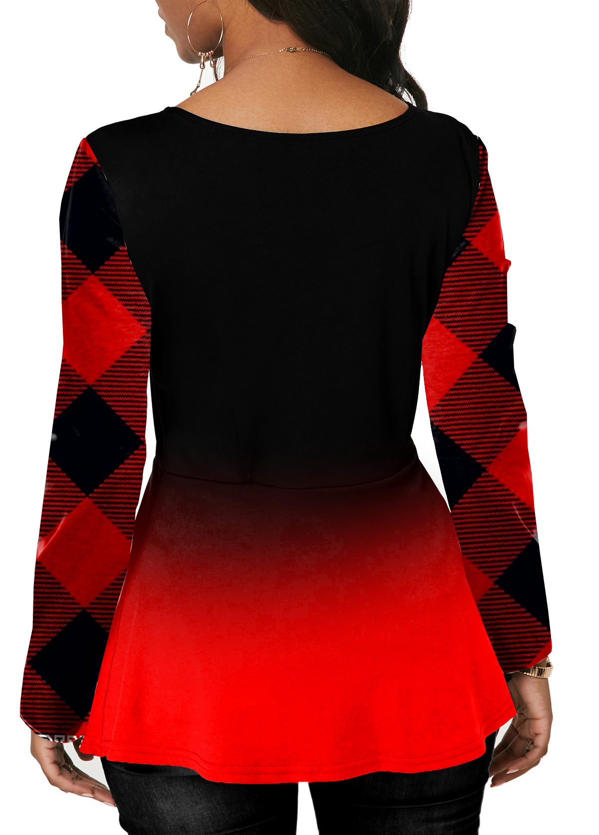Red Plaid Long Sleeve Round Neck T Shirt